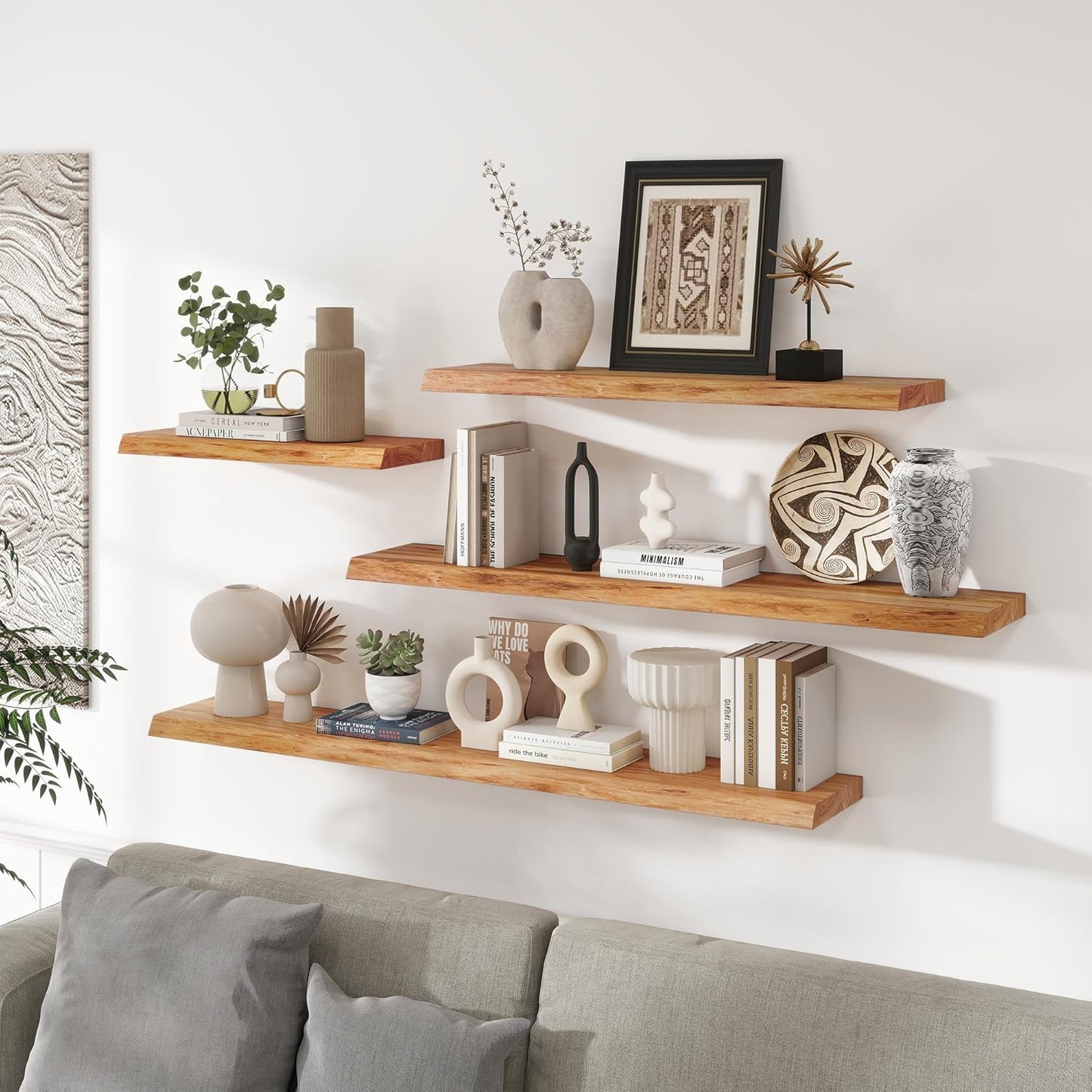 Live Edge Elm Floating Shelves For Wall - 55" W x 9.3" D Rustic Solid long Wood Shelves with Invisible Bracket, Wall-Mounted Storage & Display Shelf for Living Room Bedroom Kitchen, Set of 2, Natural