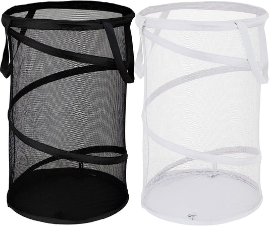 BATTOO 2 Pack Large Collapsible Laundry Basket Foldable Mesh Pop Up Hamper with Handles for Laundry Room, Bathroom, Kids Room, College Dorm, Travel, Storage Organizer Black+White