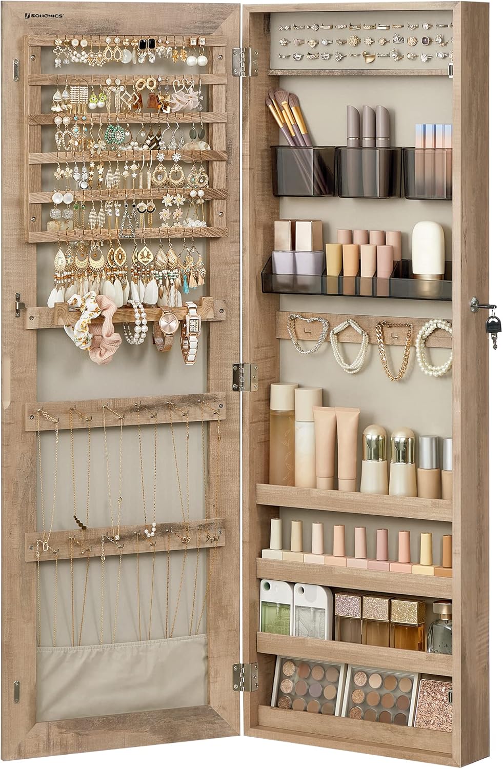 SONGMICS Mirror Jewelry Cabinet Armoire, Wall or Door Mounted Jewelry Storage Organizer, Hanging Lockable Frameless Mirror Cabinet with 2 Cosmetic Organizers, Christmas Gift Idea, Toasted Oak Color