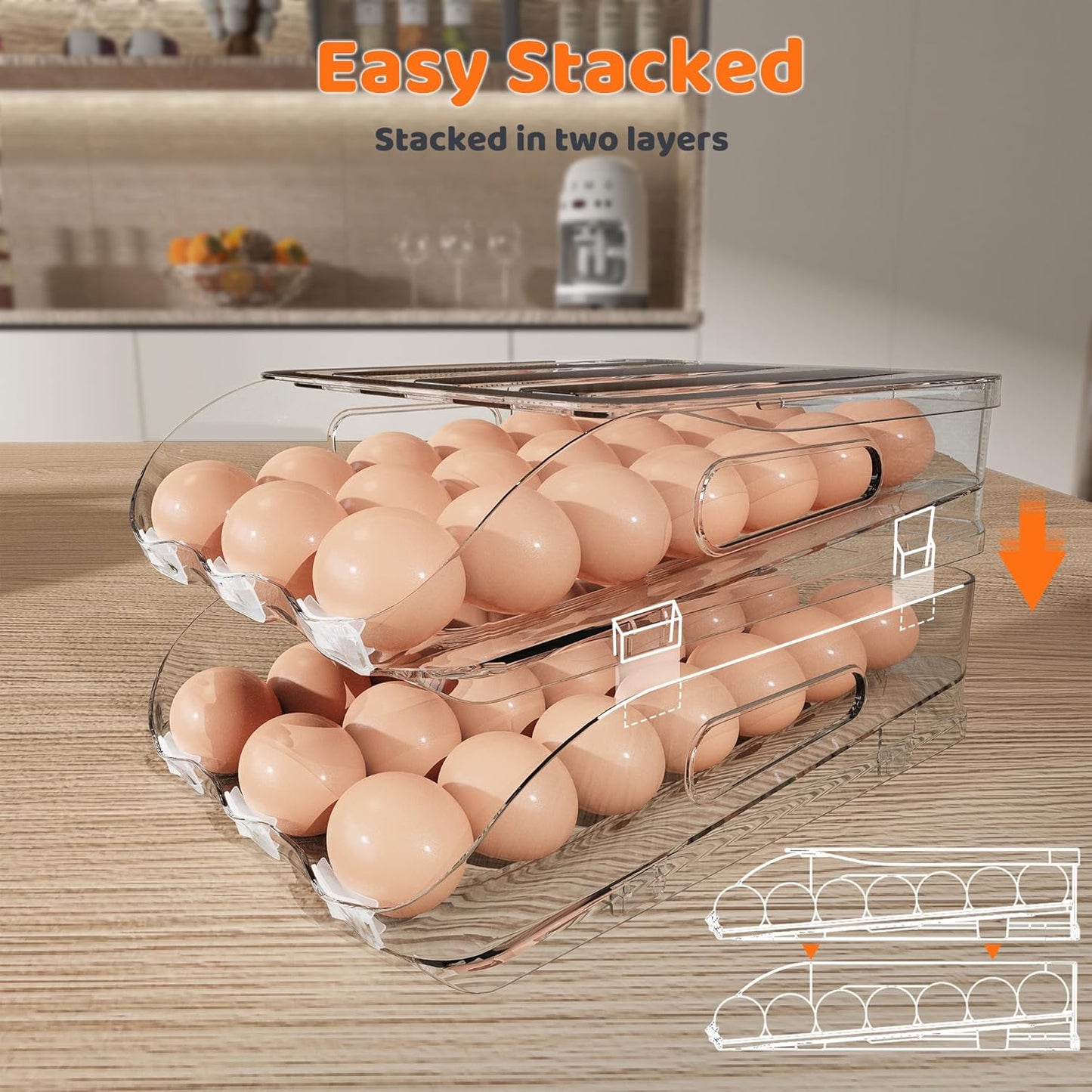 Egg Holder for Fridge, Automatic Steady Rolling Egg Dispenser with Silicone Bumpers & Handle for Refrigerator, Large Capacity Egg Organizer with Lid