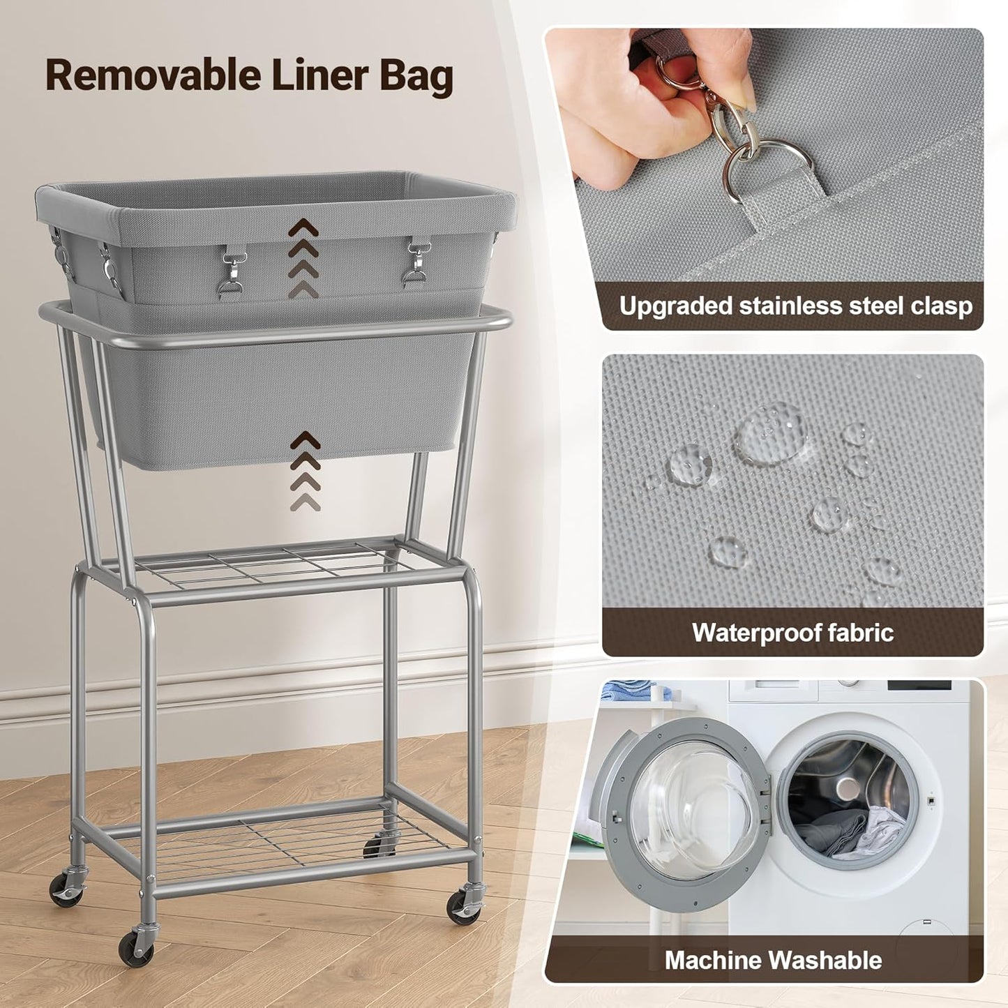 ELYKEN Laundry Cart with Wheels, Rolling Laundry Hamper with Removable Bag and Shelf, Metal Frame Laundry Basket with 4 Casters and 2 Brakes, Ideal for Bedroom, Bathroom, Laundry Room, Gray