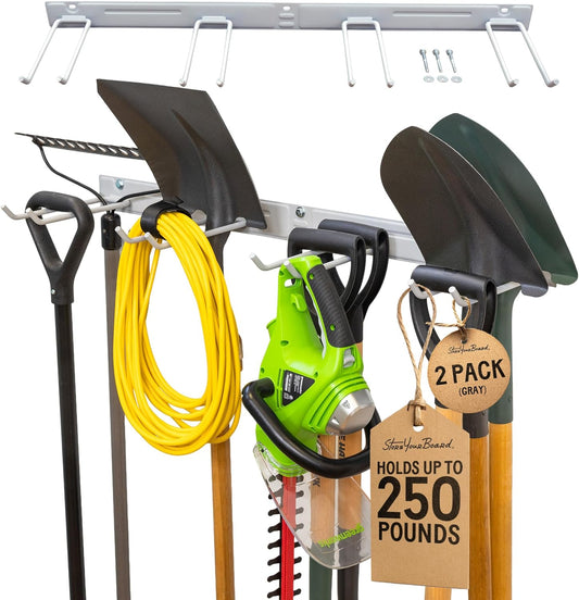 StoreYourBoard Wall-Mounted Rack With 4 Garage Hooks – Heavy-Duty Steel Holder Garage & Garden Storage for Shed, Workshop, or Home Organization – For Rakes, Shovels, Tools & More – 2 Pack, Gray