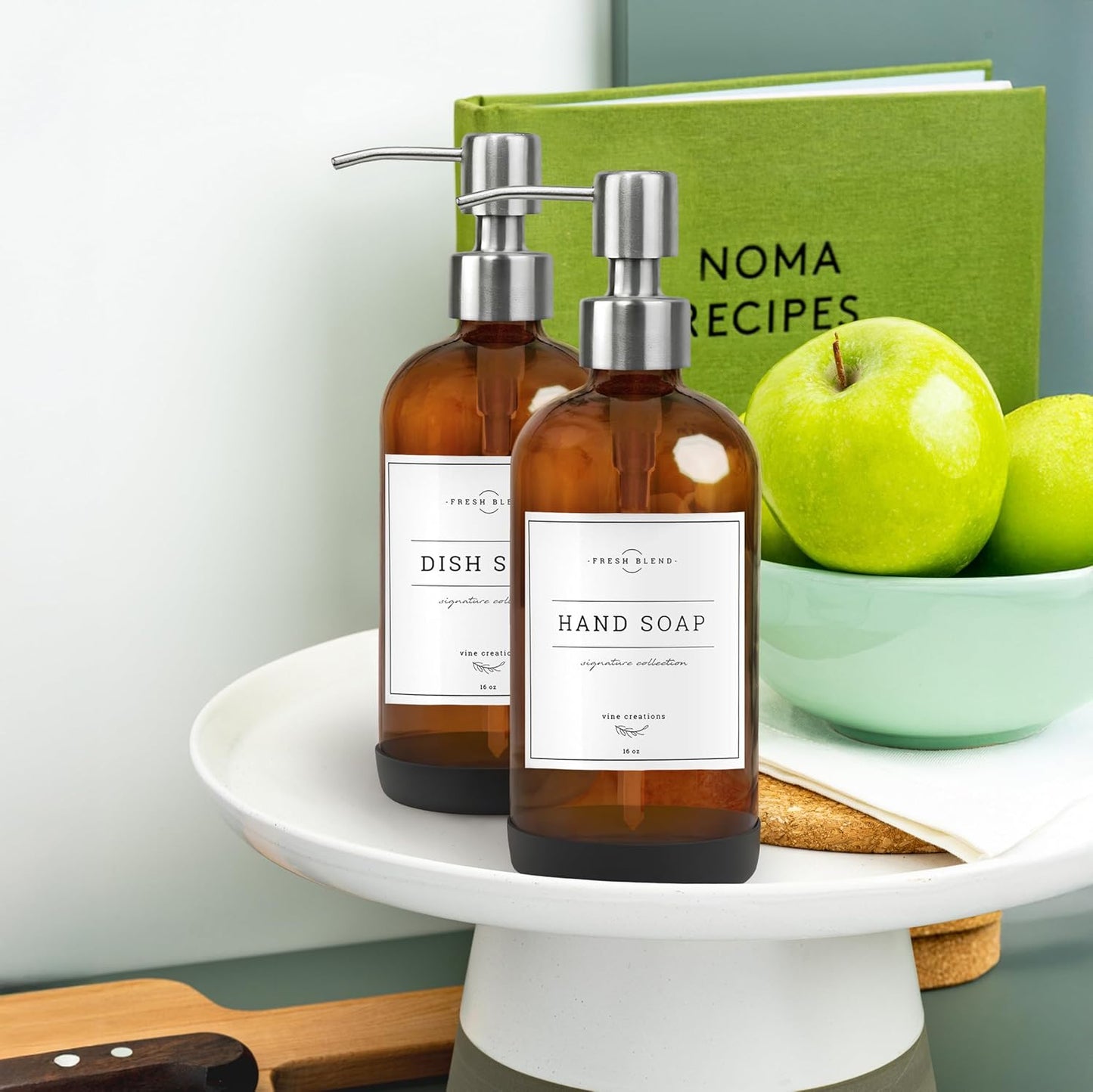 Vine Creations Amber Glass Soap Dispenser, 2 Pack Kitchen Soap Dispenser Set with Stainless Steel Pump, 16 oz Hand Soap or Dish Soap for Bathroom or Kitchen with Waterproof Labels