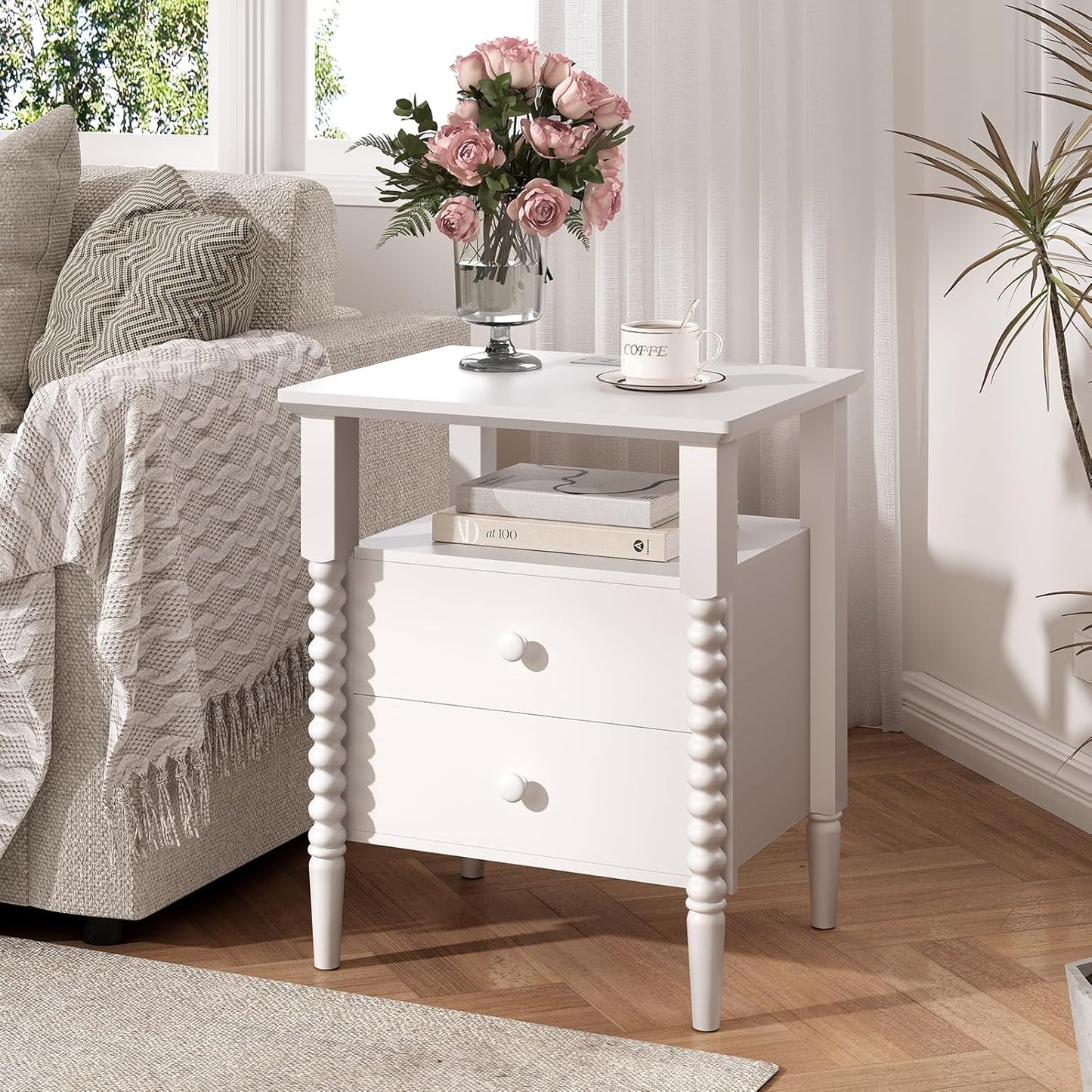 White Nightstand, Vintage Night Stand with Charging Station, Modern Bedside Table with Drawers, End Table with Solid Wood Legs, Bed Side Tables for Bedroom, White