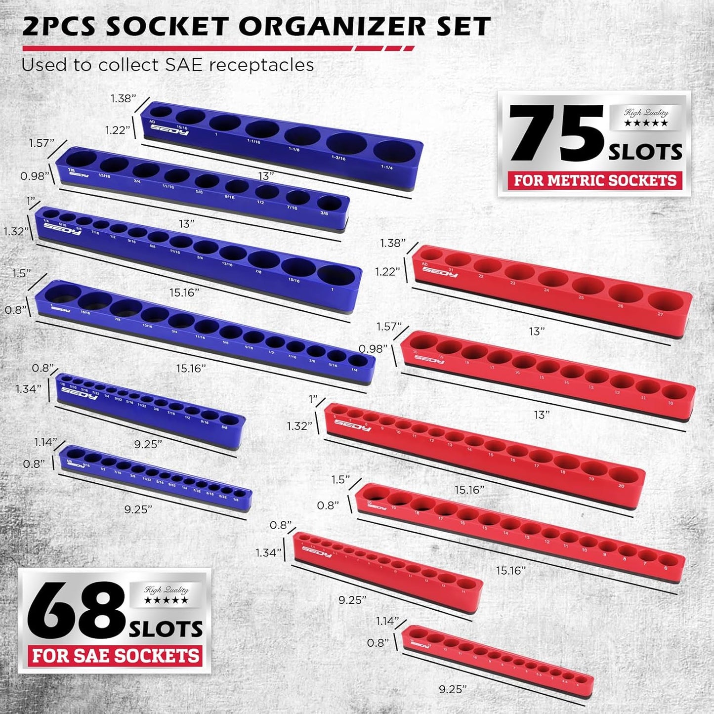 12-Piece 1/4" 3/8" 1/2"-Drive SAE & Metric Magnetic Socket Organizer Set (Holds 143 Sockets) -Detachable Tool Tray with 5mm Magnetic Base for Garage/Home(Sockets Not Included)