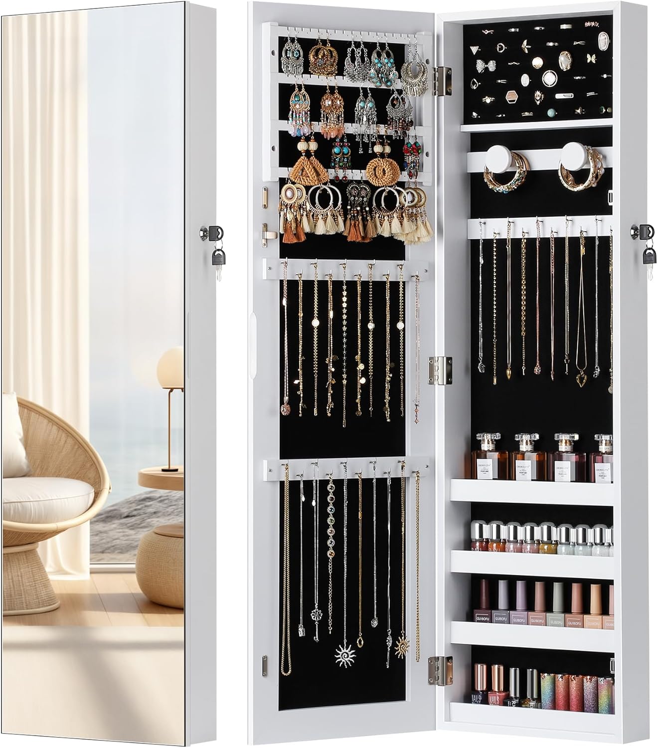 Nicetree Mirror Jewelry Cabinet, Jewelry Armoire with Full Length Mirror,Mirror with Jewelry Storage Wall/Door Mounted, Lockable Jewelry Armoire Organizer,White