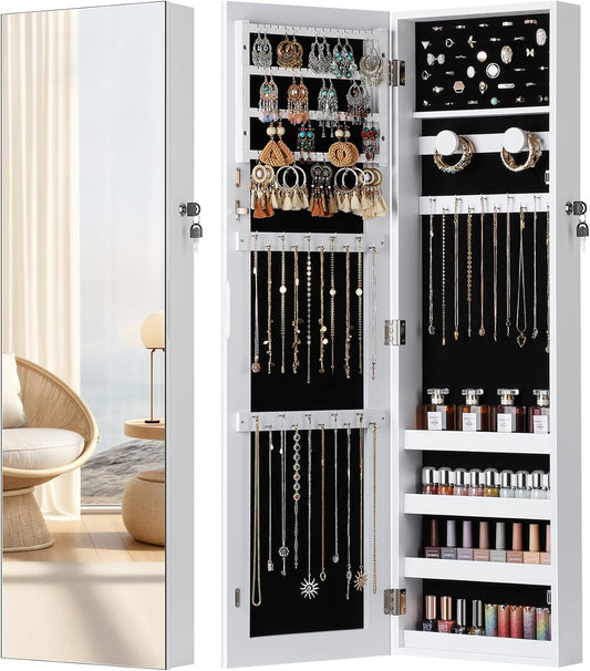 Nicetree Mirror Jewelry Cabinet, Jewelry Armoire with Full Length Mirror,Mirror with Jewelry Storage Wall/Door Mounted, Lockable Jewelry Armoire Organizer,White
