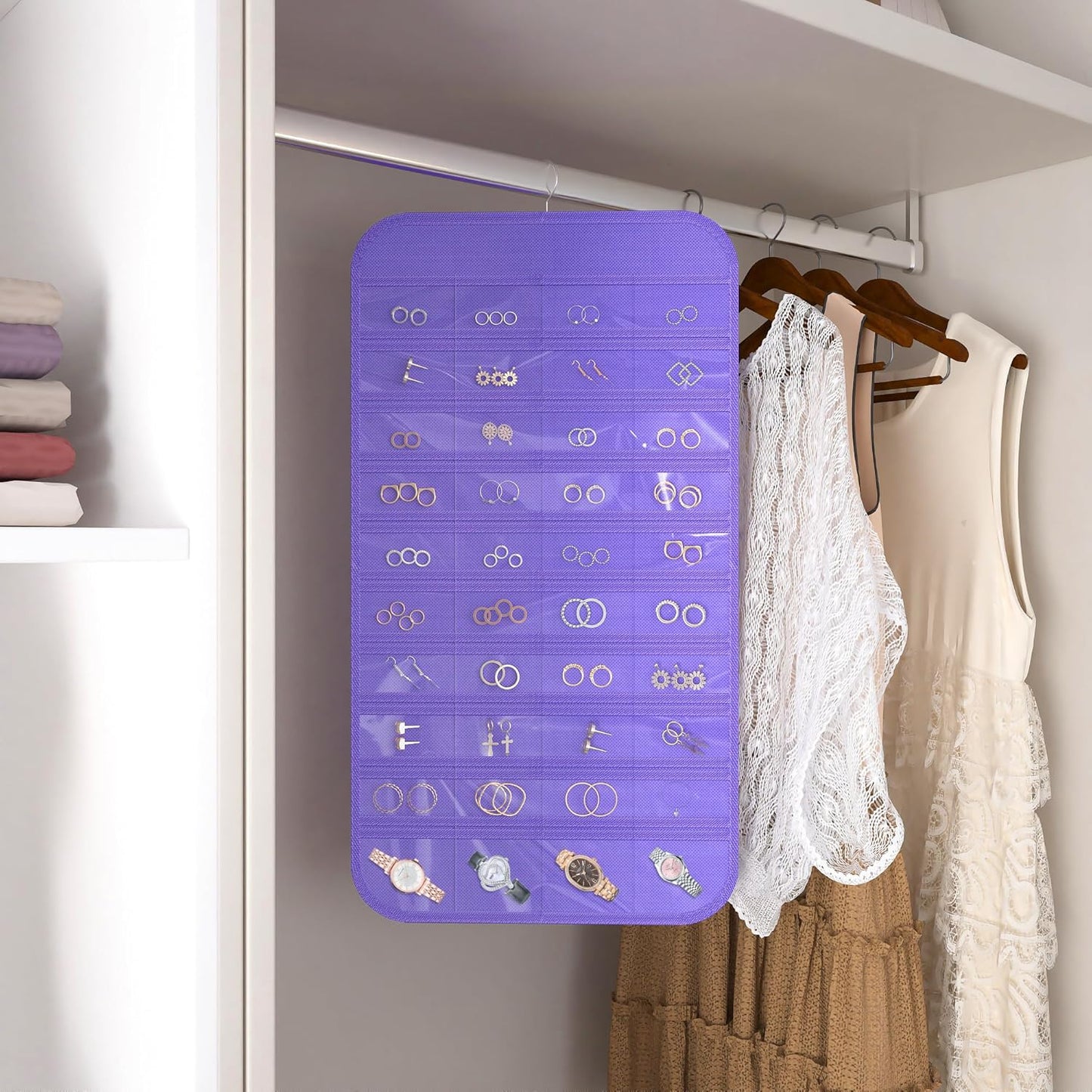 Hanging Jewelry Organizer Storage, 40 Pockets 36 Hooks Necklace Earring Necklace Bracelet Ring Organizer, Double - Sided Design, Purple