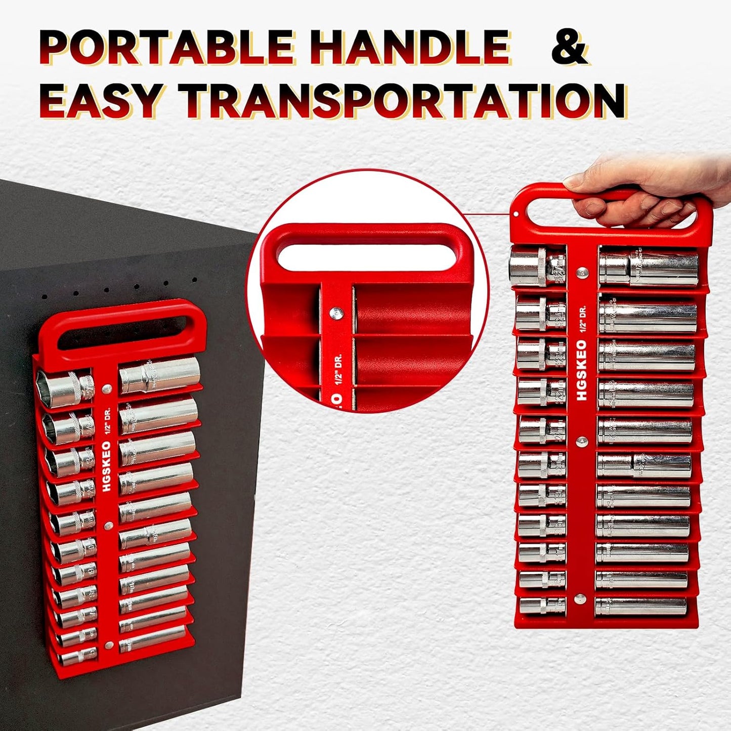 Magnetic Socket Holder Set with Handle, Portable Socket Organizer, Heavy Duty Socket Racks 1/2" Drive Holders Hold 22 standard Sockets for Tool Box (Red, 1/2" Drive)
