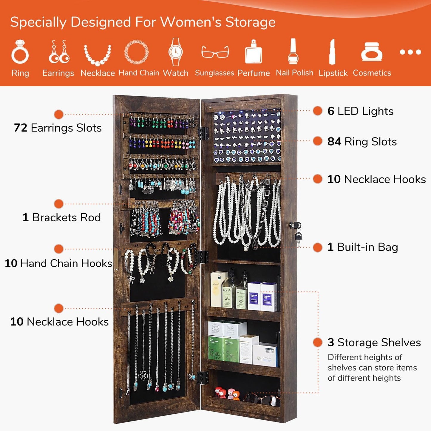 GISSAR Full Length Mirror Jewelry Cabinet, 6 LEDs Jewelry Armoire Wall Mounted Over The Door Hanging, Jewelry Organizer Display Storage Furniture with Lights Locker Mirrored Cabinet, Vintage Brown