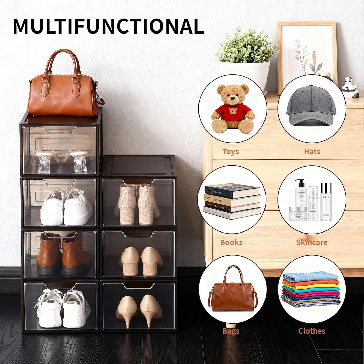 Shoe Boxes Shoe Storage Boxes Display Boxes with Magnetic Doors and Stackable Design, Ideal for Hallways, Under Beds, Wardrobes, and Living Rooms (Magnetic Door-Black, 6 Pack)