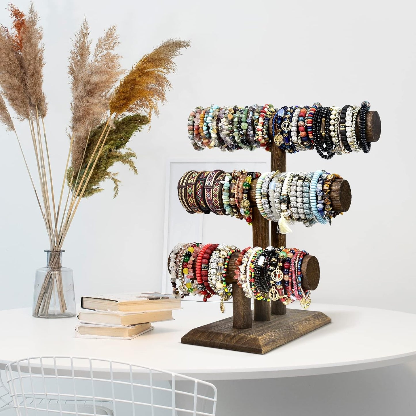 LadyRosian Wooden Bangle Display Holder Stand,3-Tier Wooden Rotating Jewelry Display Stand (Brown-3 layers)