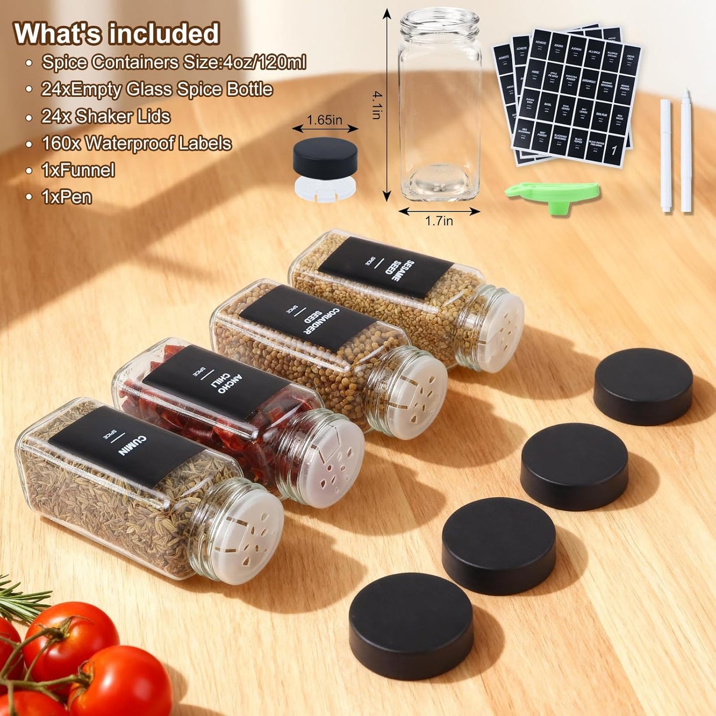 36Pcs Spice Jars Containers with Labels，4oz Black Seasoning Bottles with Shaker Lids for Rack, Cabinet, Drawer,Empty Square Condiment Pots (36, Black)