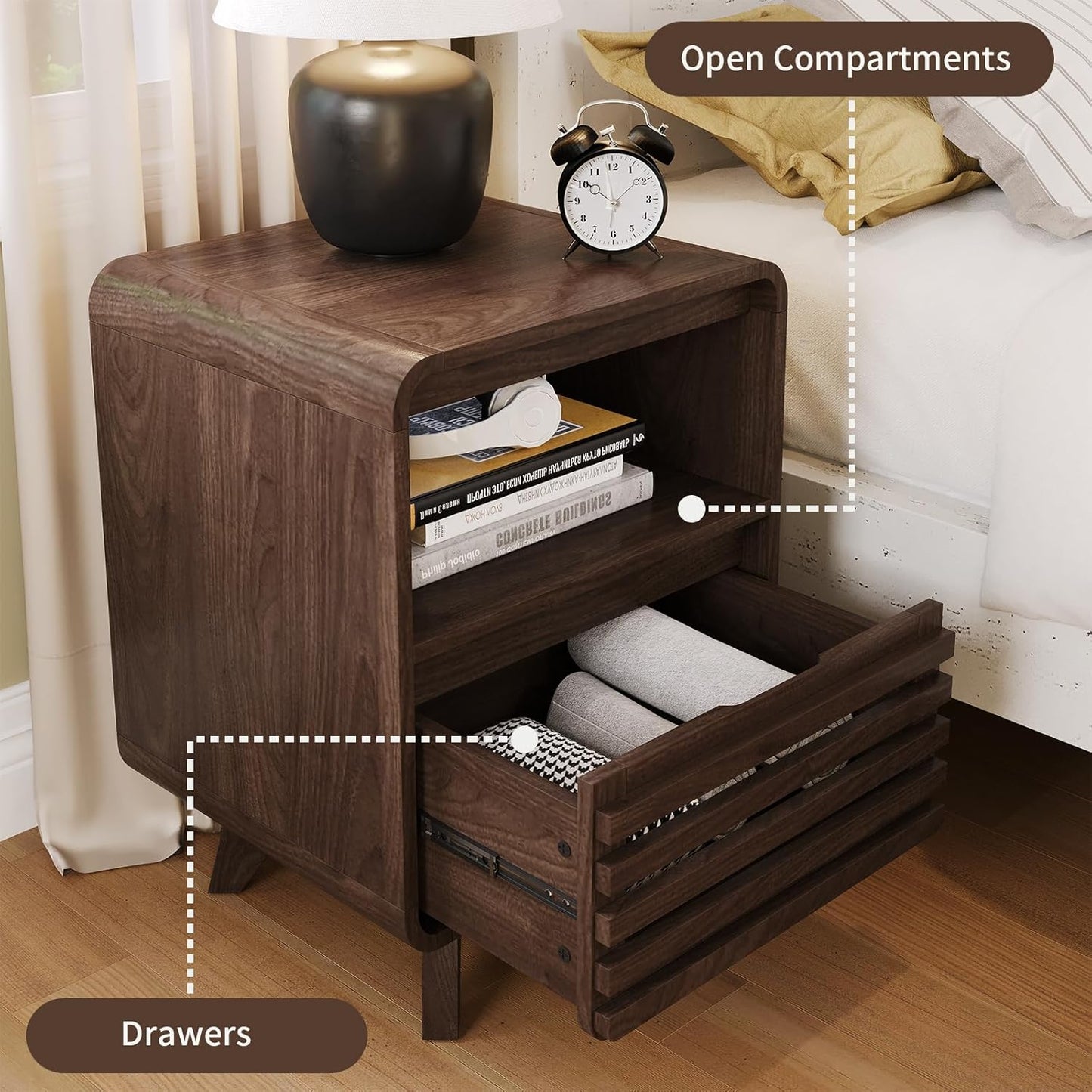Fluted Night Stand Nightstand with Drawer Storage Grille Bed Side Table End Table Large Modern Wide Bedside Stand Tall Night Stands for Bedroom Living Room Sofa Couch Home Office, Dark Walnut