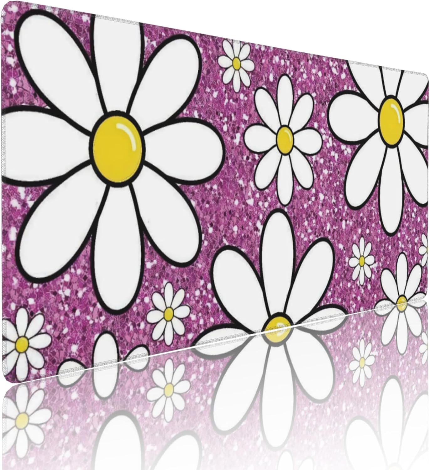 Purple Sparkling Daisy Large Mouse Pad, Flowers Gaming Desk Mat, XXL Keyboard Desk Pad Mat for Desktop, 35.4"x15.7" Non-Slip Base Big Mousepad with Stitched Edges