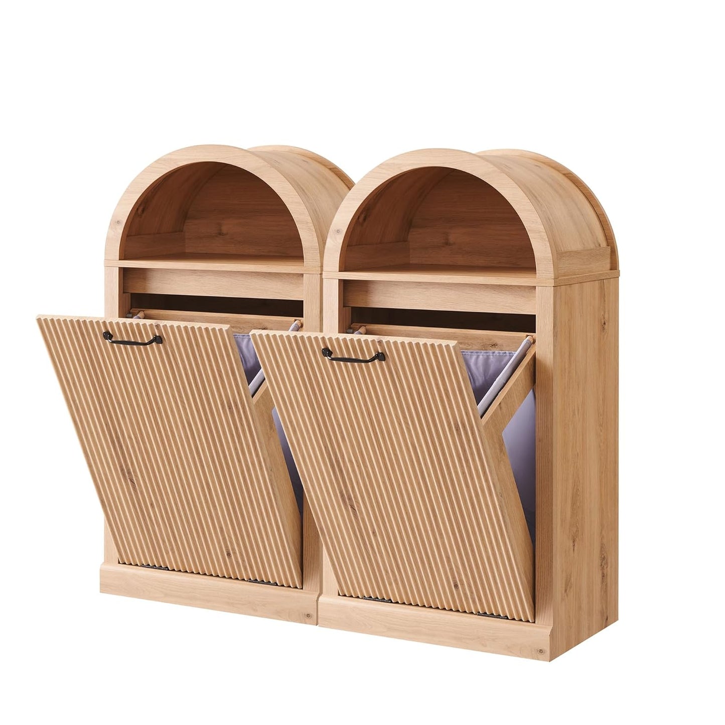 Arched Tilt-Out Trash Can Cabinet, Fluted 10 Gallon Trash Can Cabinet Set of 2, Modern Laundry Hamper, Hidden Garbage with Storage Basket for Kitchen, Living Room, Natural