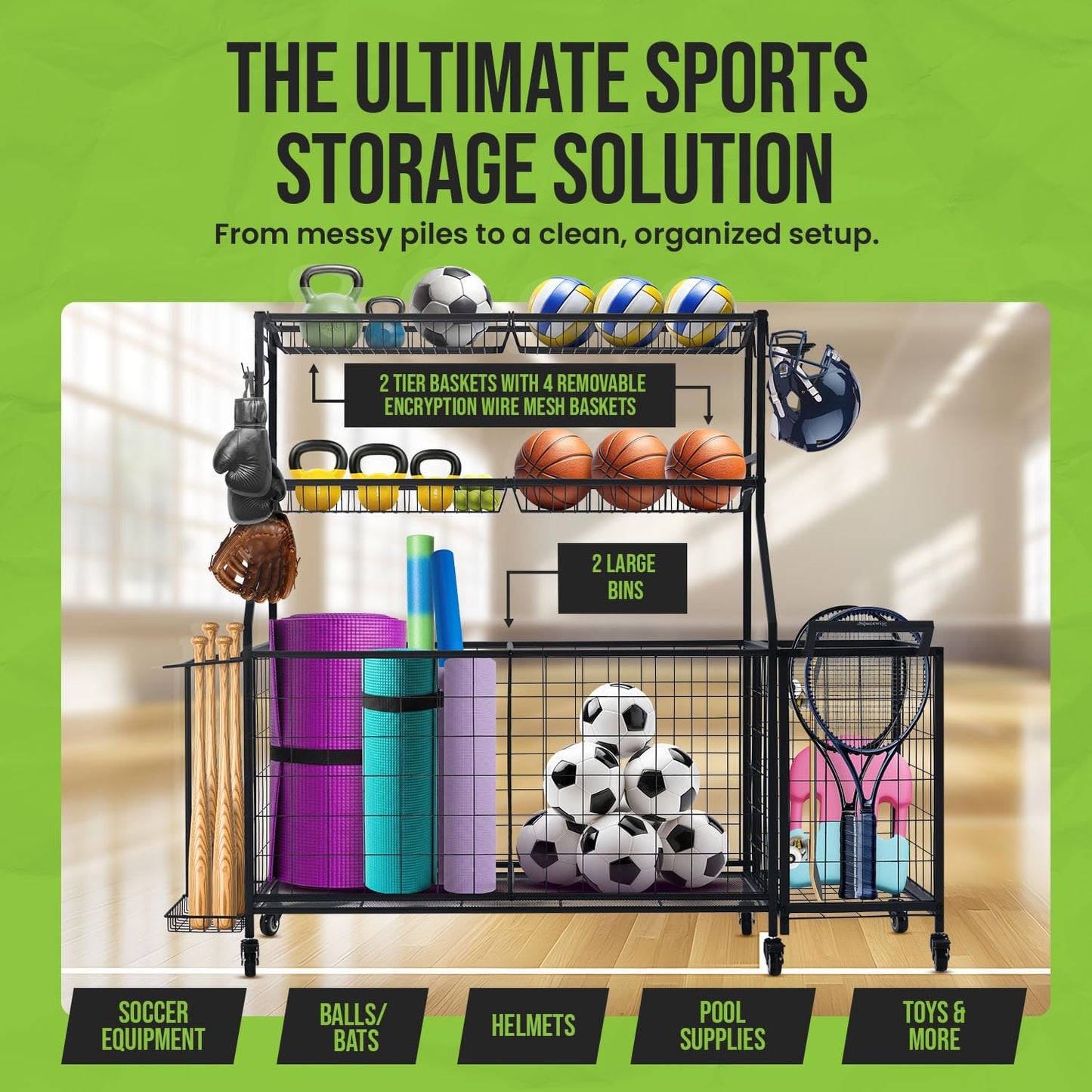 SpaceWise Sports Equipment Organizer – Garage Ball Storage Rack with Hooks, Baskets, Wheels & Detachable Portable Side Cart, Golf Organizer, Gym Equipment & Toy Storage Solution, Charcoal Finish