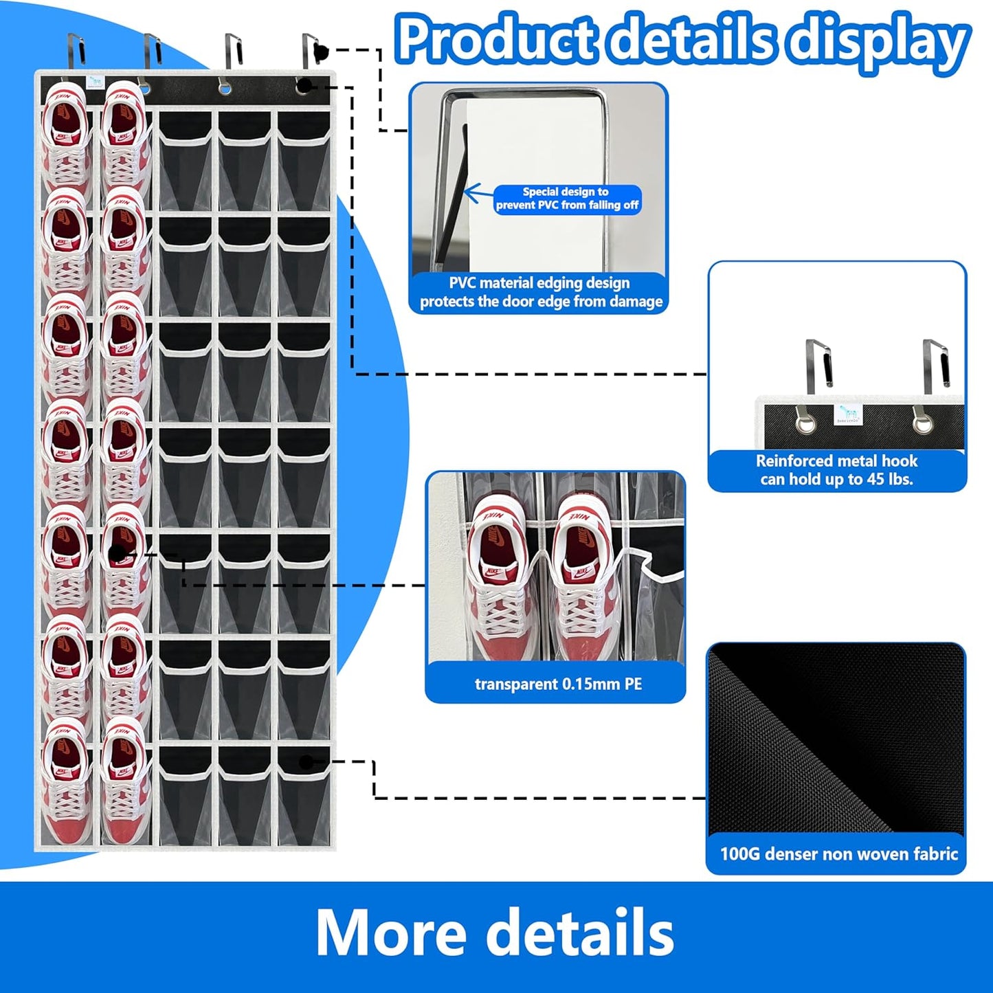 over the door shoe organizer,2025 upgraded,over door shoe organizer,35 Huge clear pockets,Store size 13 shoes,shoe organizer,Strong material,hooks Suitable for various doors,Black