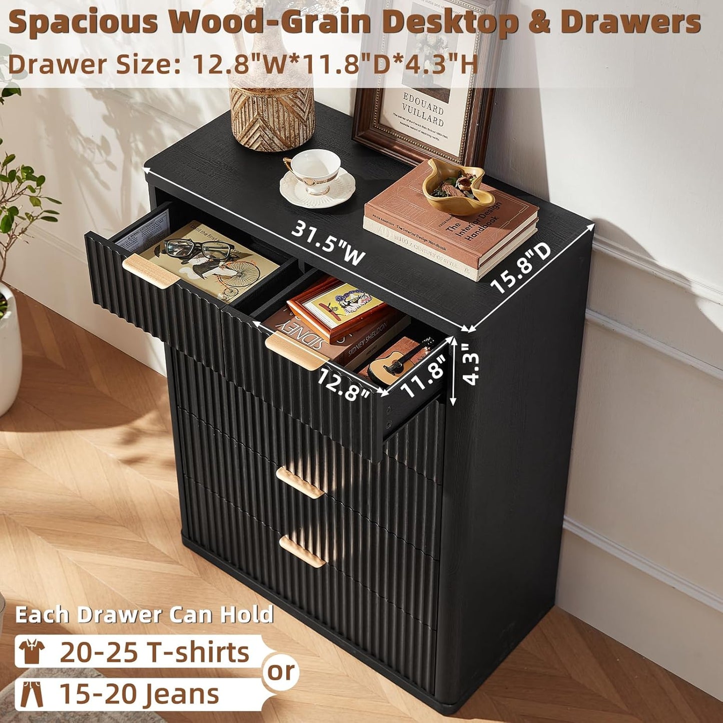 LEYAOYAO Fluted 6 Drawers Dresser for Bedroom Set of 2, 42" Tall Modern Chest of Drawers with Metal Handle, Curved Profile Design,Black Wood Drawer Organizer for Bedroom, Living Room, Hallway
