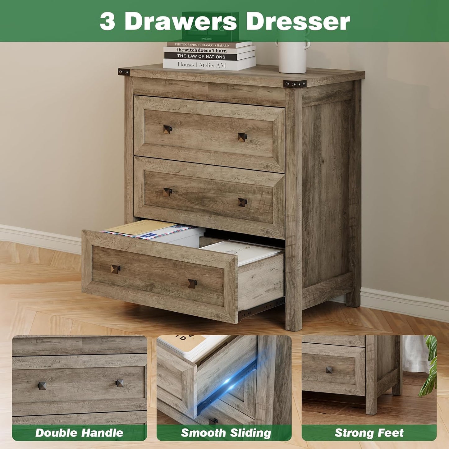 Dresser for Bedroom with 3 Drawers, Small Chests of Drawers, 27.55" Wide Farmhouse Wood Nightstand Bedside Cabinet End Table, Modern Closet Storage Organizer for Living Room, Entryway, Hallway, Grey