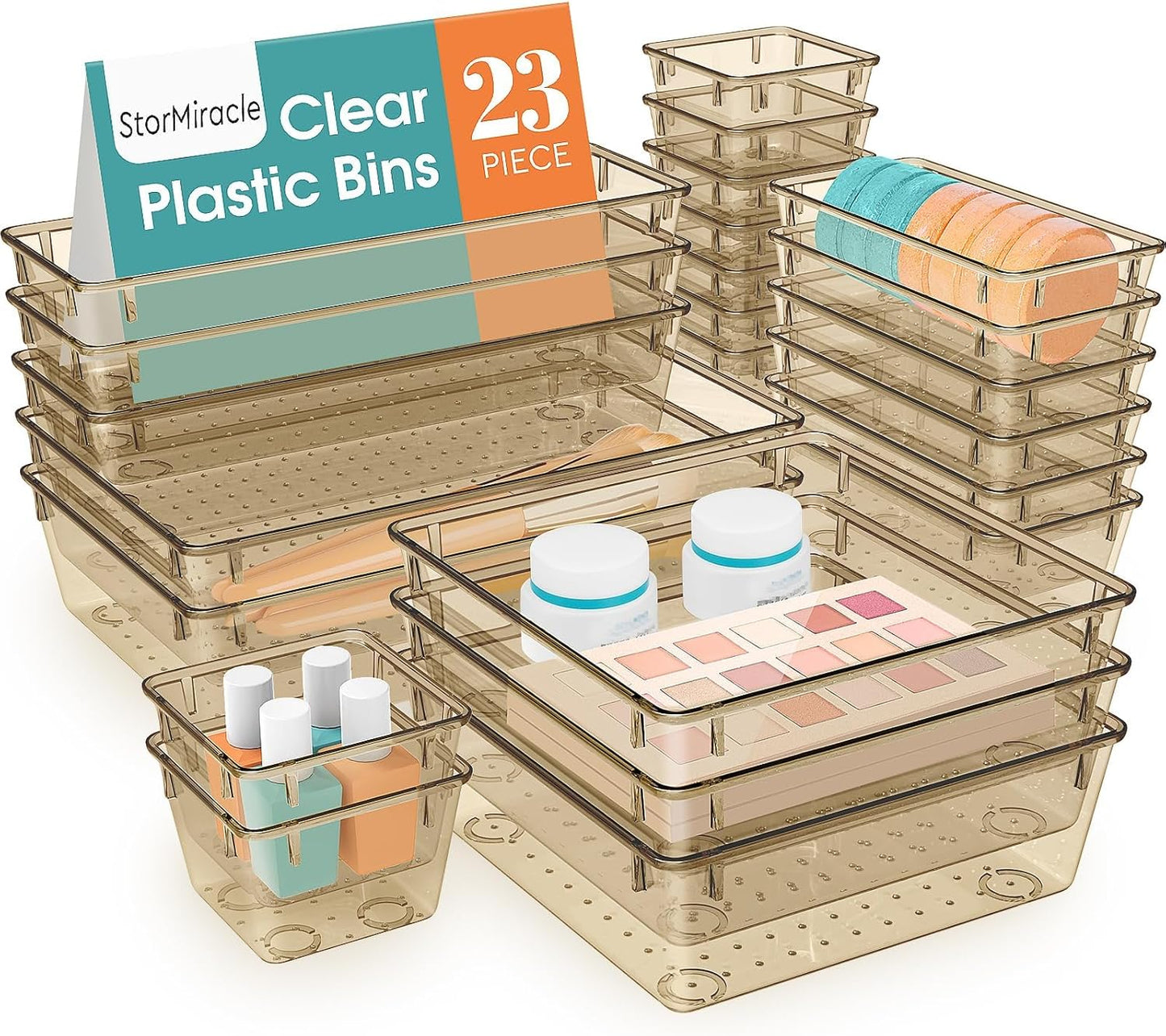 23 PCS Drawer Organizer Set, 5 Varied Size Bathroom and kitchen Drawer cabinet organizer Trays, Clear Storage Bins for Makeup, Jewelry, Utensils and Gadgets, Champagne