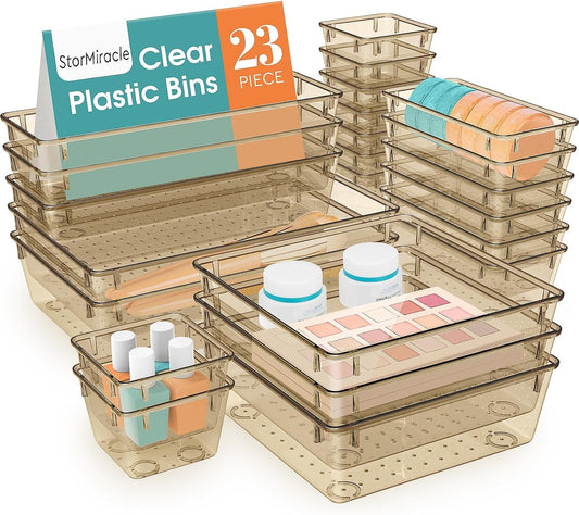 23 PCS Drawer Organizer Set, 5 Varied Size Bathroom and kitchen Drawer cabinet organizer Trays, Clear Storage Bins for Makeup, Jewelry, Utensils and Gadgets, Champagne
