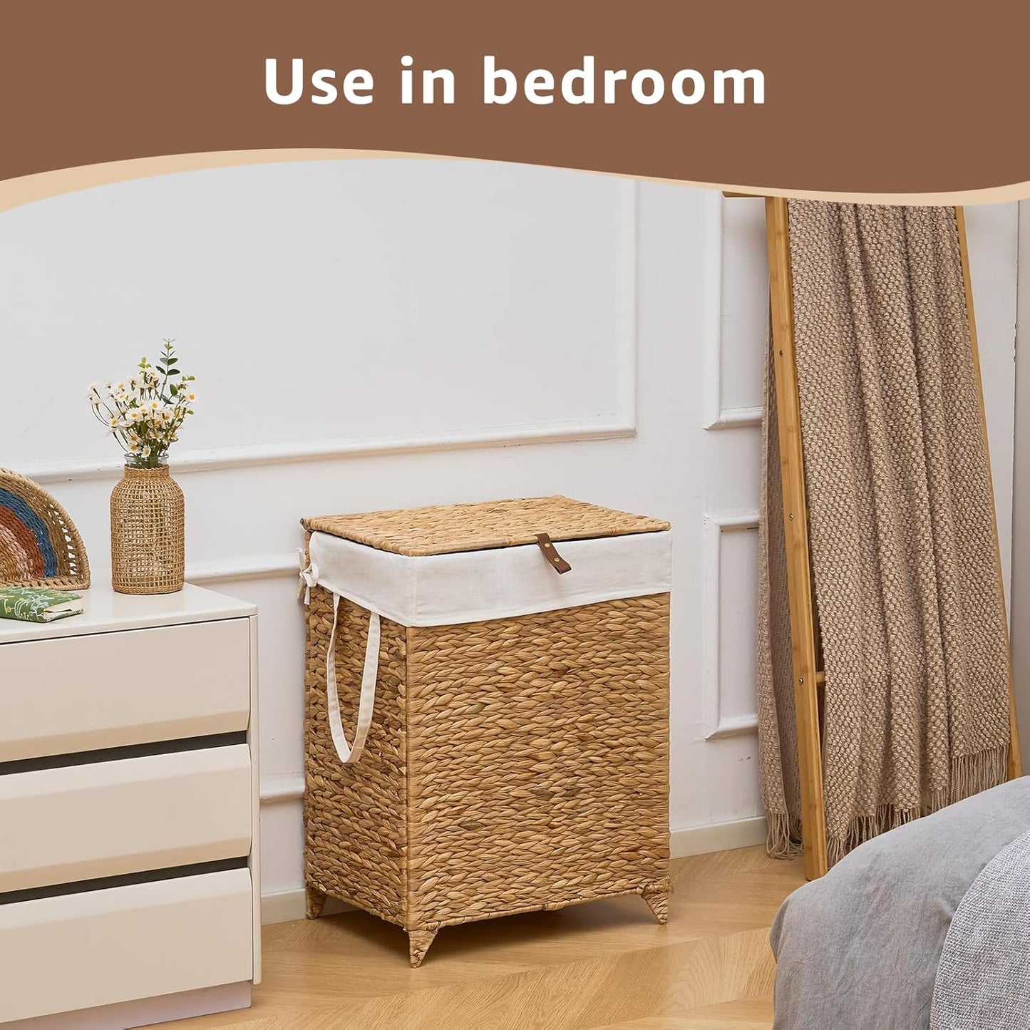 Laundry Hamper with Lid and Removable Liner Bag, Handwoven Natural Hyacinth Clothes Hamper with Heightened Feet, Wicker Laundry Basket for Clothes and Towels，Middle