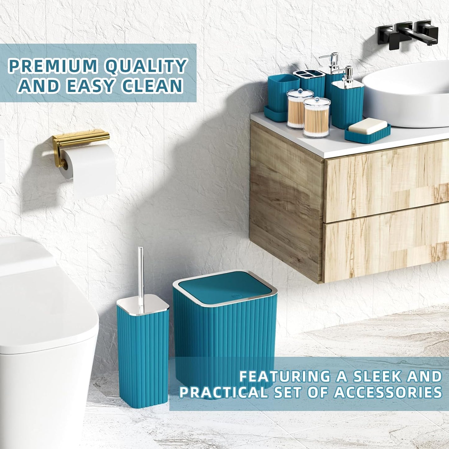 Bathroom Accessories Set - Gorgeous Bathroom Set, 10PC Teal Bathroom Accessory Set, Toilet Brush, Trash Can, Qtip Holder Dispenser & Soap Dispenser