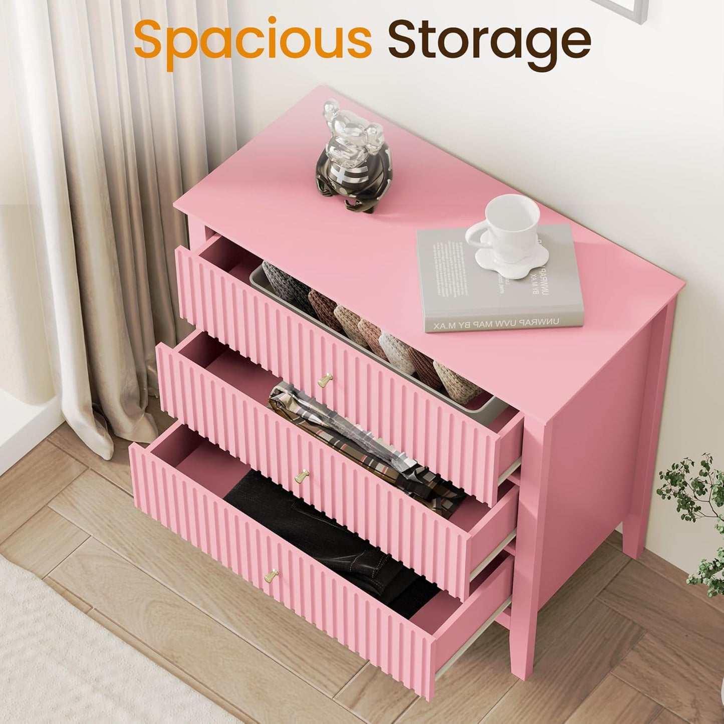 RoyalCraft Fluted 32 inch Wide Nightstand for Bedroom, Large Pink Nightstand with 3 Drawer, Modern End Table, Wood Beside Table for Home and Office