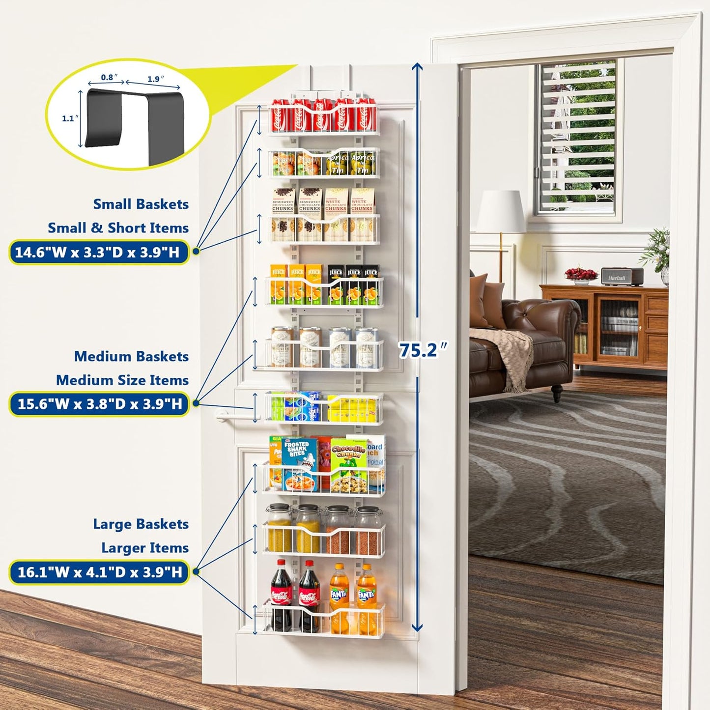 EVERIE 9-Tier Over the Door Storage Rack, Metal Hanging Organizer with Heightened Plate Bottom Baskets and Enlarged Hanging Slots, Kitchen Pantry Shelves