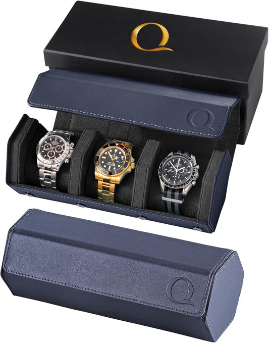 QWATCHBANDS Napa Leather Watch Rolls for Men - Hexagon Triple Watch Roll Travel Case for 3 Watches - Storage Organizer Genuine Leather with Velvet Interior Display (Blue/Black)