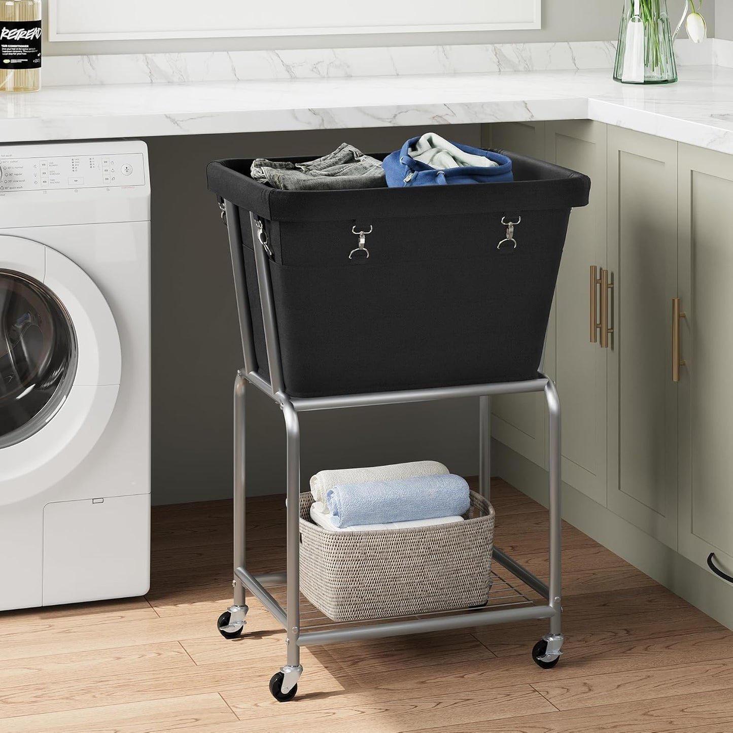 ELYKEN Laundry Cart with Wheels, Rolling Laundry Hamper with Removable Bag and Shelf, Metal Frame Laundry Basket with 4 Casters and 2 Brakes, Ideal for Bedroom, Bathroom, Laundry Room, Black