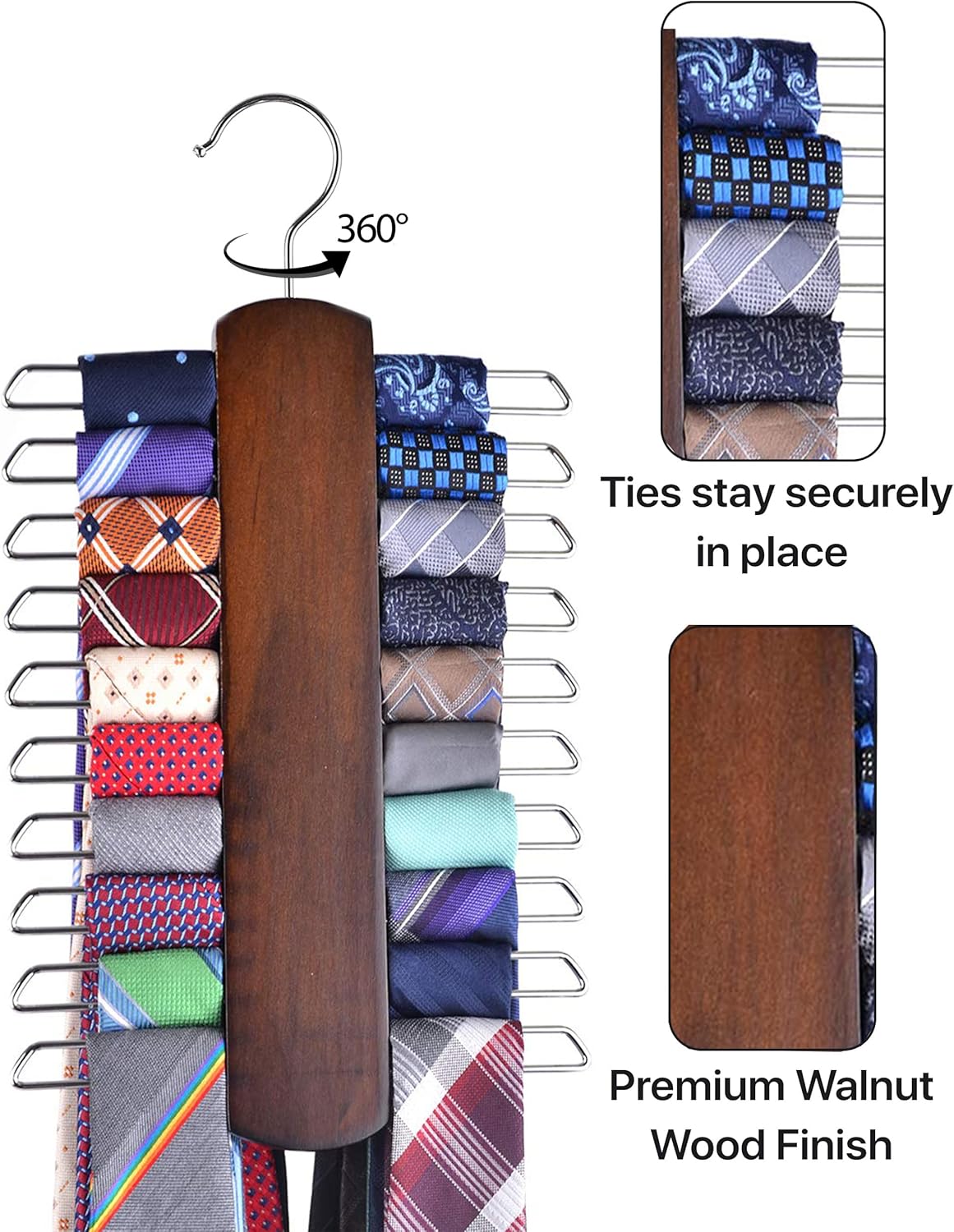 Umo Lorenzo Premium Wooden Necktie and Belt Hanger, Walnut Wood Center Organizer and Storage Rack with a Non-Slip Finish - 20 Hooks (Wooden)…