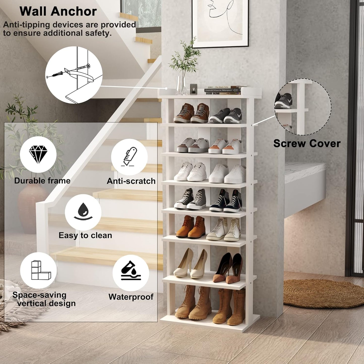 HOMEFORT 7-Tier Wood Shoe Rack, Double Rows 7-Tier Shoe Shelf, Shoe Storage Stand, Entryway Shoe Tower, Vertical Shoe Organizer Perfect for Narrow Closet, Entryway, Hallway, Bedroom in White