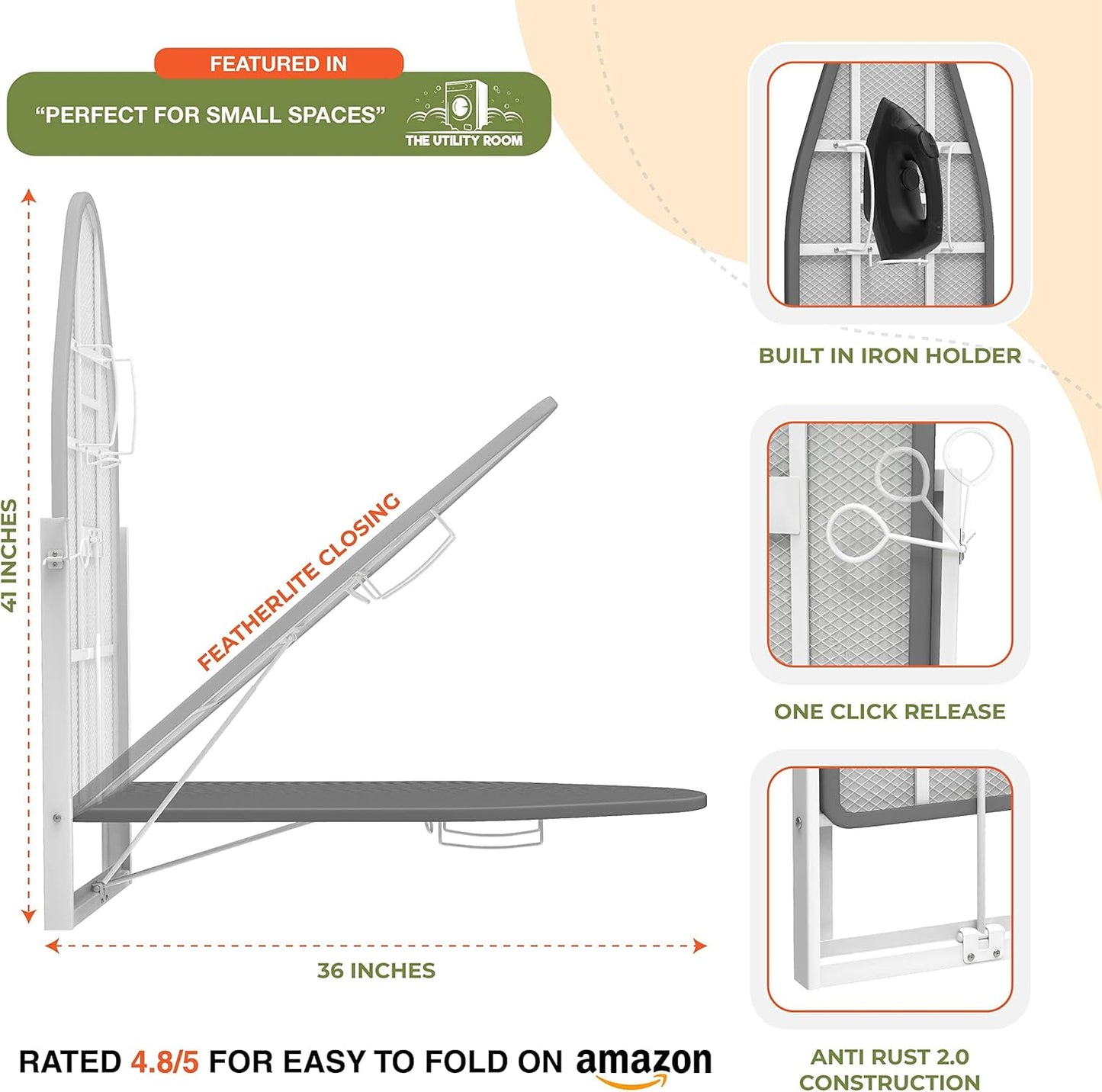 Xabitat Wall Mounted Ironing Board with Iron Holder, 36.2" X 12.2" Compact Mount Fold Down Ironing Board for Small Spaces, Space Saving with Cotton Fabric Cover, Black and Grey
