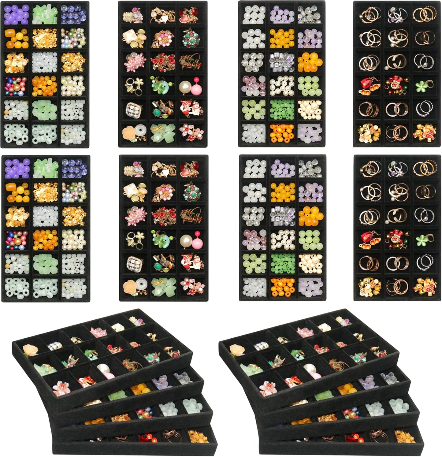 8 Pack Earring Organizer Holder Velvet Jewelry Tray for Drawer Stackable Jewelryy Organizer Divided Display Tray for Earring 144 Grids, Black