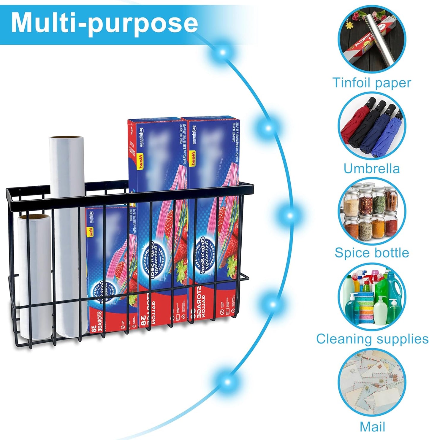 Kitchen Cabinet Door Organizer 3 pack, Lid Organizers Inside Cabinet with 2 Sponges, Foil and Plastic Wrap Organizer with 4 Hooks, for Aluminum Foil, Plastic Wrap, Black, (Small, Medium, Large)