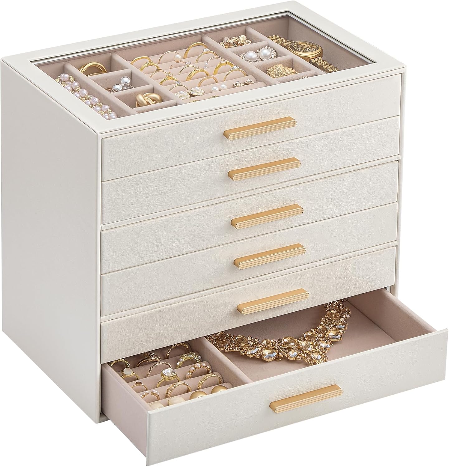 Lolalet Jewelry Box Organizer, 6-Layer Jewelry Organizers and Storage Case with Glass Lid, Ring Earring Bracelet Necklace Holder Organizer, Birthday Christmas Gifts for Women Girls -6Layer, Beige