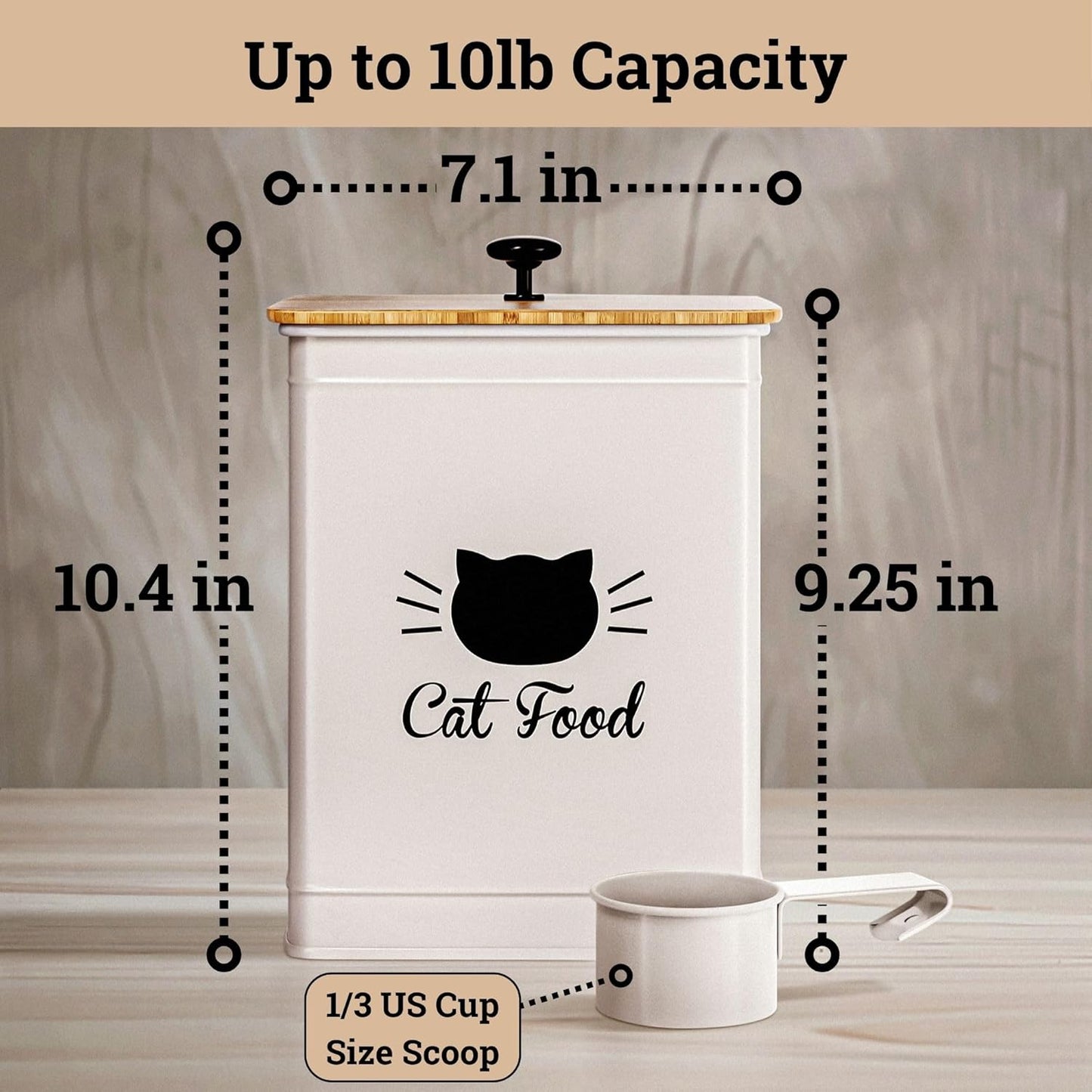 Cat Food Storage Container with Scoop - 5-7 lb (25 Cup) Capacity Metal Cat Food Container with Airtight Bamboo Lid and Metal Scoop - Airtight Pet Food Storage Containers 5 lb - 7 lb Kibble Container
