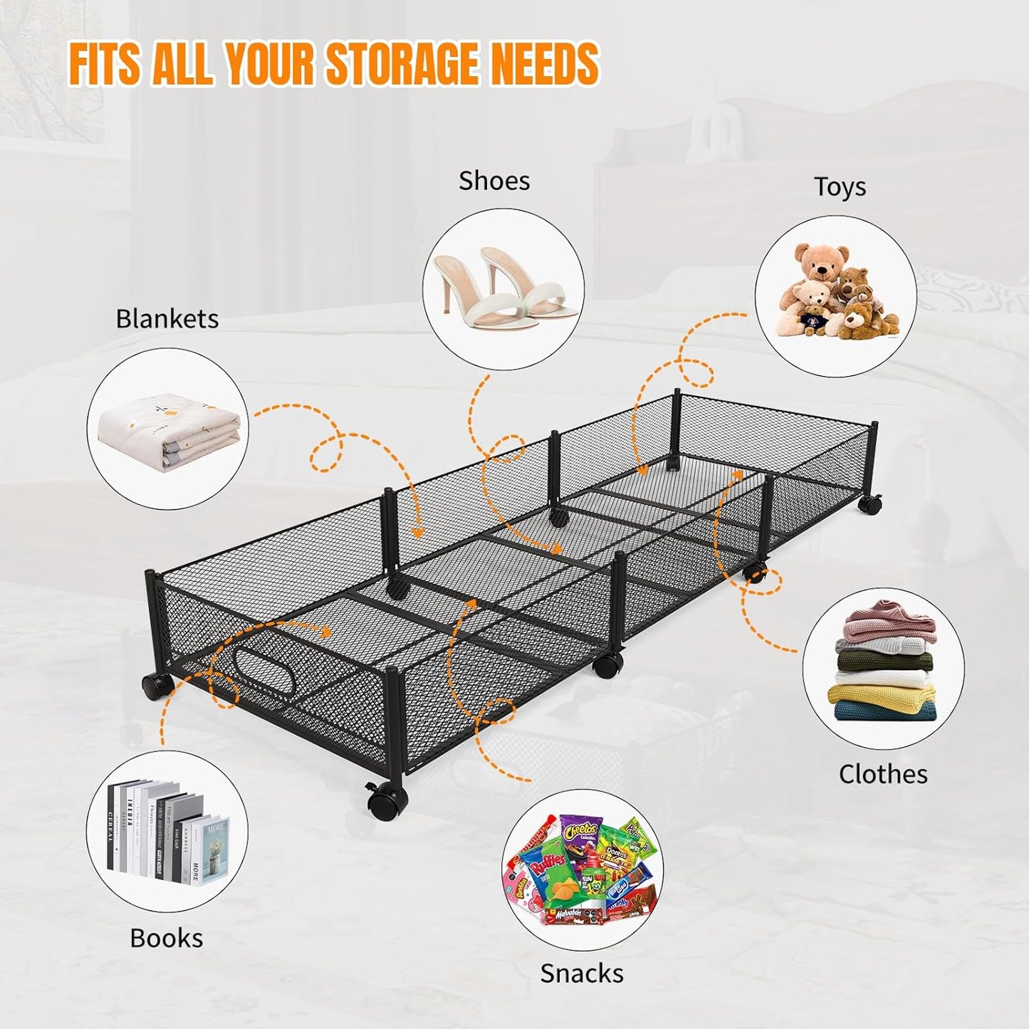 Under Bed Storage With Wheels, 47.2''/90lbs/57.6L, Metal Frame Under Bed Rolling Storage, Tool-Free Assembly Underbed Drawers, Underbed Organizer Containers for Shoes, Clothes and Toys (2 Pack)
