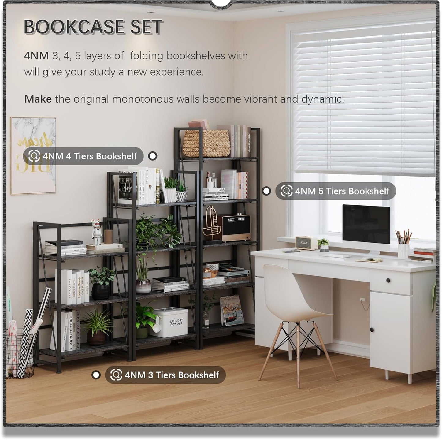 4NM No Assembly Folding Bookshelf Storage Shelves 3 Tiers Vintage Bookcase Standing Racks Study Organizer Home Office (Gray Black)