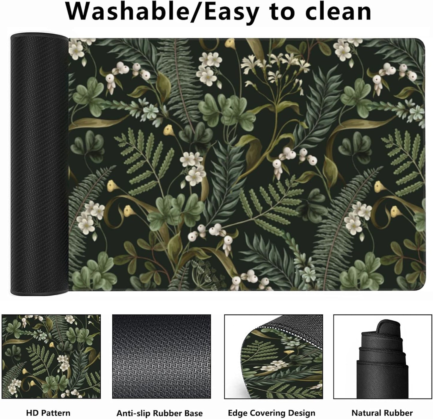 Desk Mat,White Flowers and Fern Gaming Mouse Pad,XXL Extended Mouse Pad Mat for Office,Computer,Keyboard with Non-Slip Base Stitched Eges Mousepad 35.4x15.75 inch