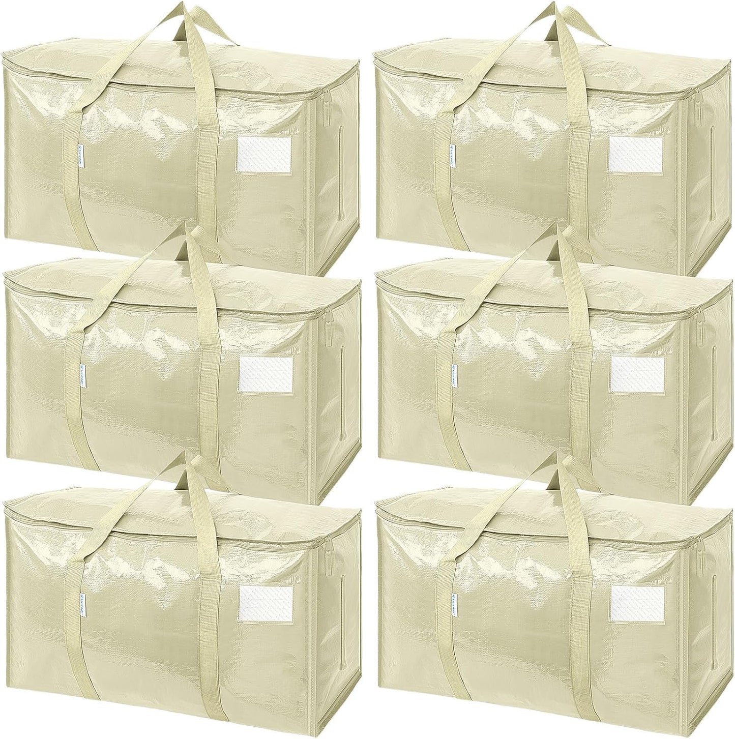 TICONN 6 Pack Extra Large Moving Bags with Zippers & Carrying Handles, Heavy-Duty Storage Tote Moving Boxes for Space Saving (6 Pack, Cream)