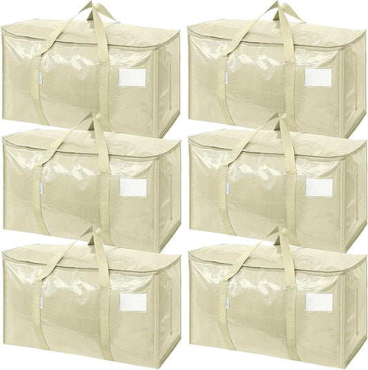 TICONN 6 Pack Extra Large Moving Bags with Zippers & Carrying Handles, Heavy-Duty Storage Tote Moving Boxes for Space Saving (6 Pack, Cream)