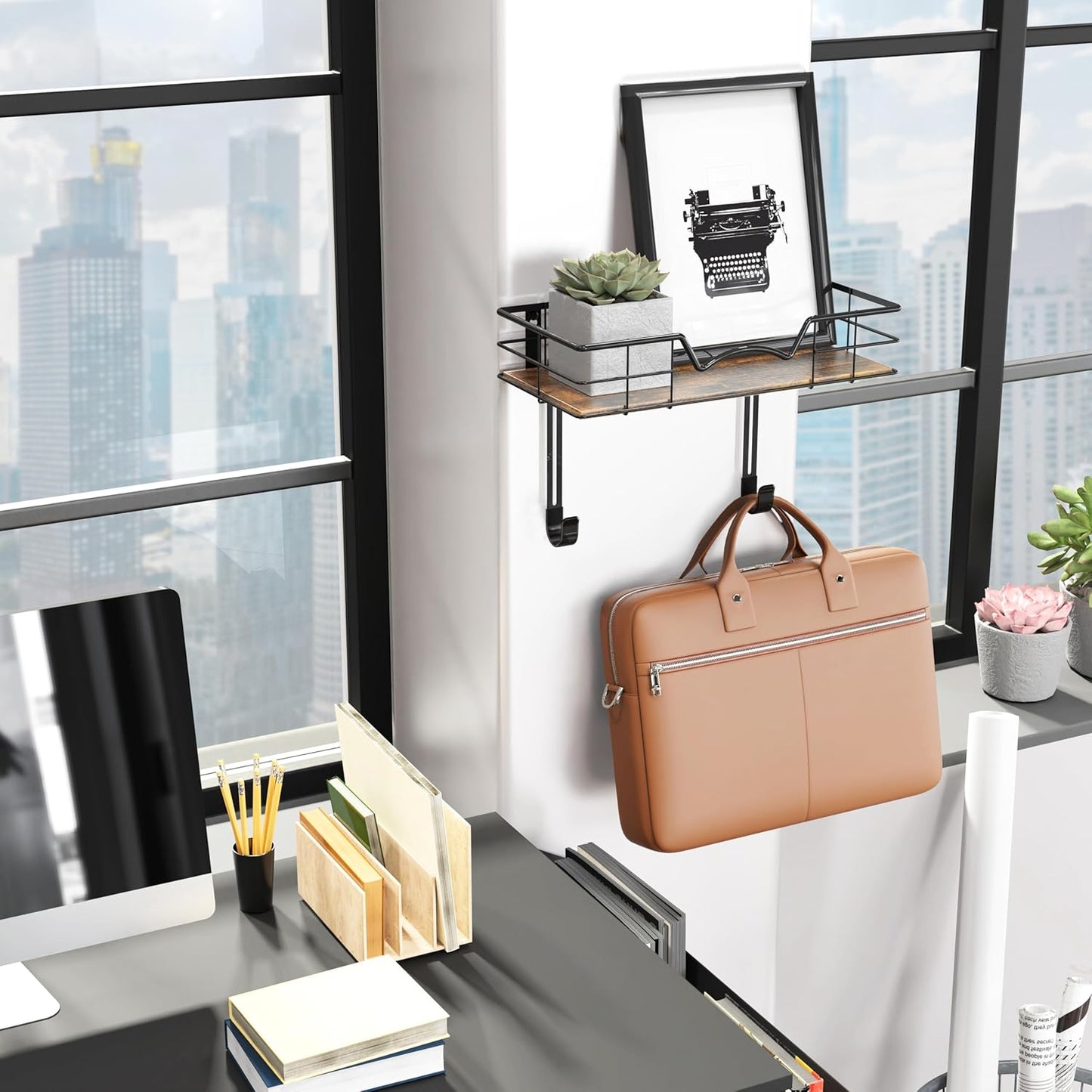 Simple Houseware Wall Mount Ironing Board Holder with Hanger Storage Shelf, Black