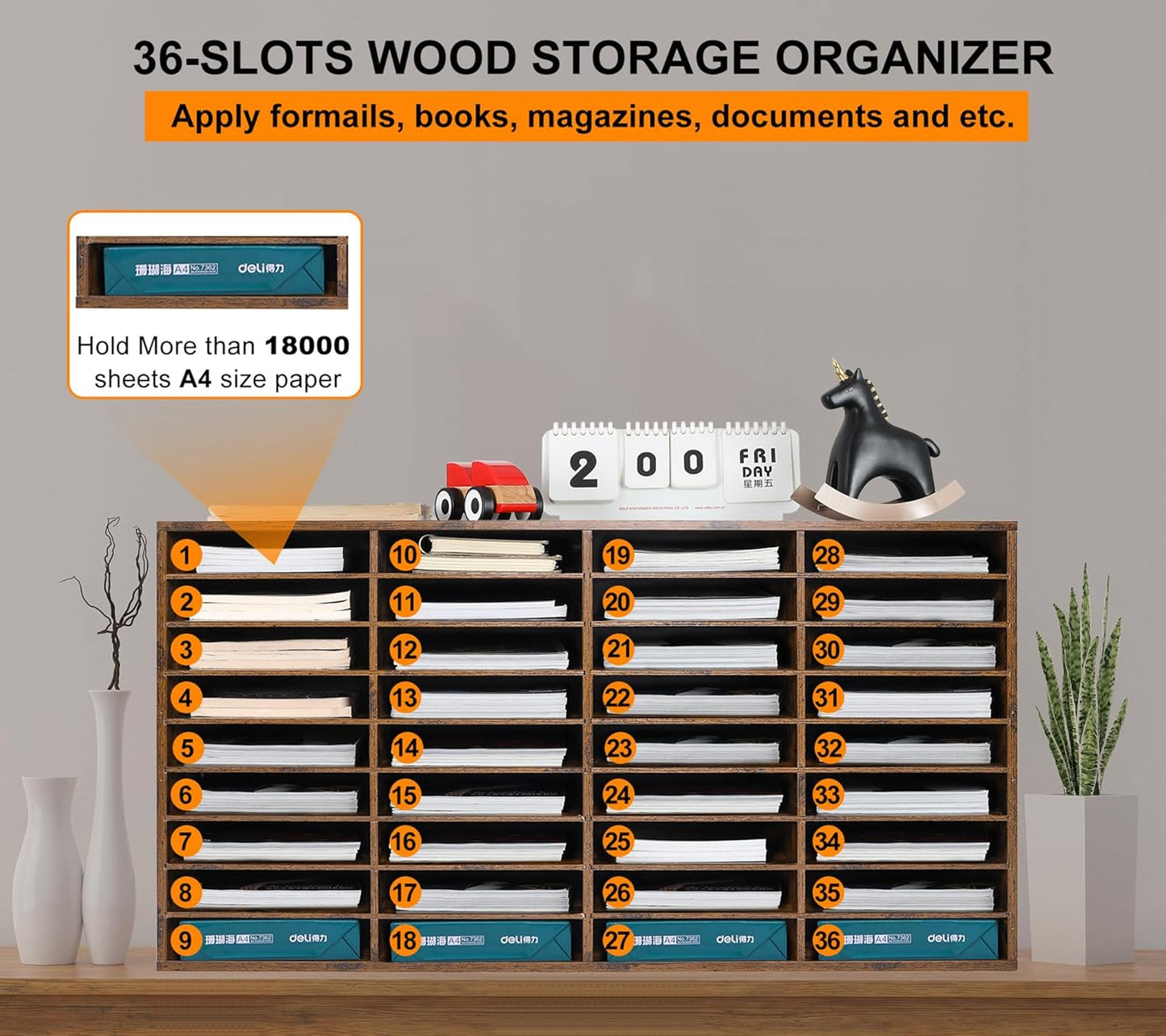 TQVAI Literature Organizer, Heavy Duty 36 Compartments Countertop Mail Organizer with Adjustable Shelves, Wooden Desk Paper Storage Organizer, Mailboxes Cubbies for Office, Classroom, Anqitue
