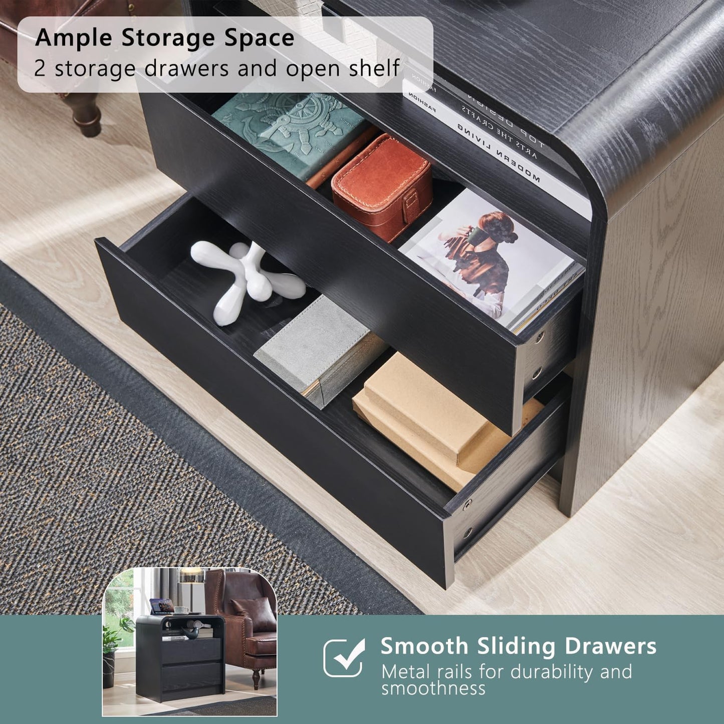 25" Tall Modern Nightstand Set of 2, 23.6'' Wide Wood Bedside Table w/2 Storage Drawers, Charging Station, Mid Century End Table for Bedroom, Living Room,Curved Profile Design, Black