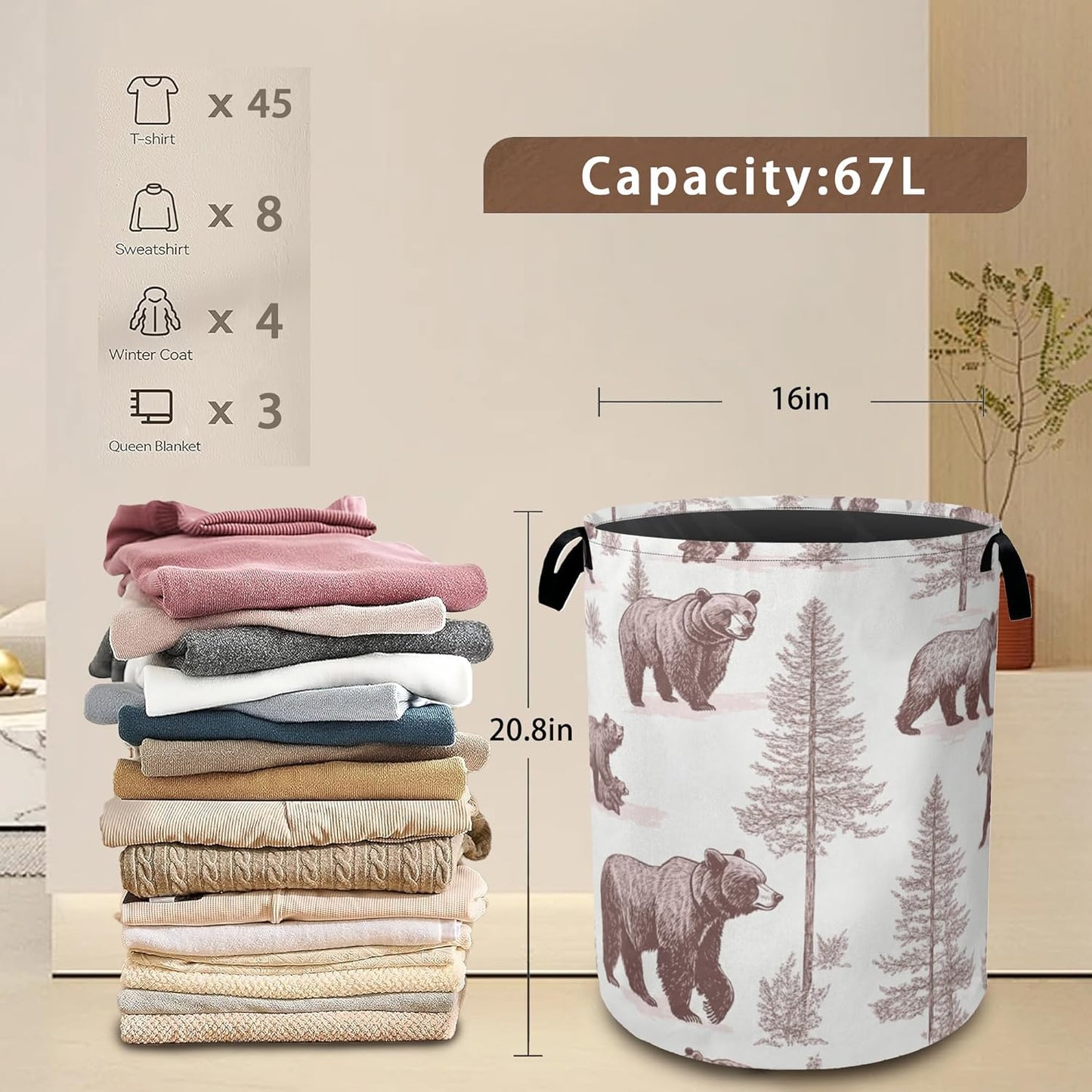 Large Laundry Basket,Retro Bear Collapsible Laundry Baskets,Forest Printed Waterproof Oxford Hamper with Handles for Bathroom Bedroom Nursery Home Storage 16"x20"