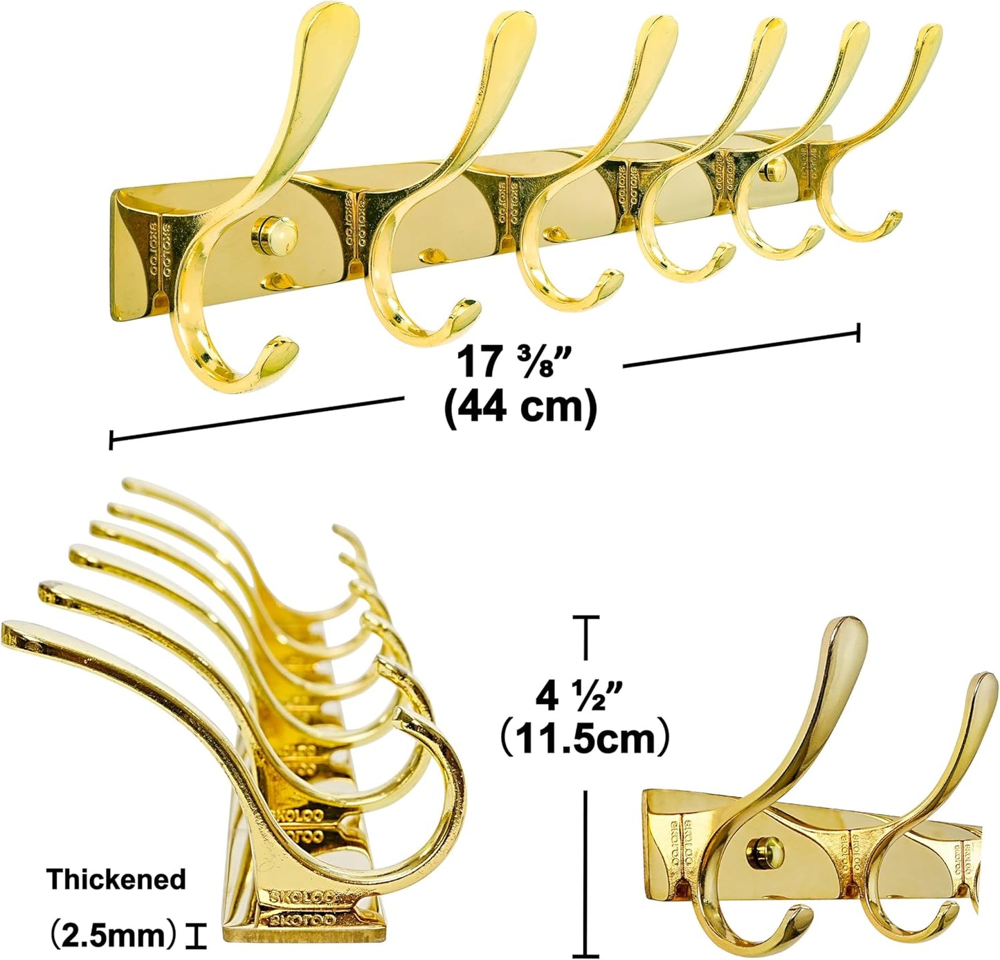 SKOLOO Heavy Duty Wall Mounted Coat Rack - 6 Hooks, Stainless Steel, Sturdy Coat Hooks for Hanging Coats, Jacket, Clothes, Hat, Bright Gold