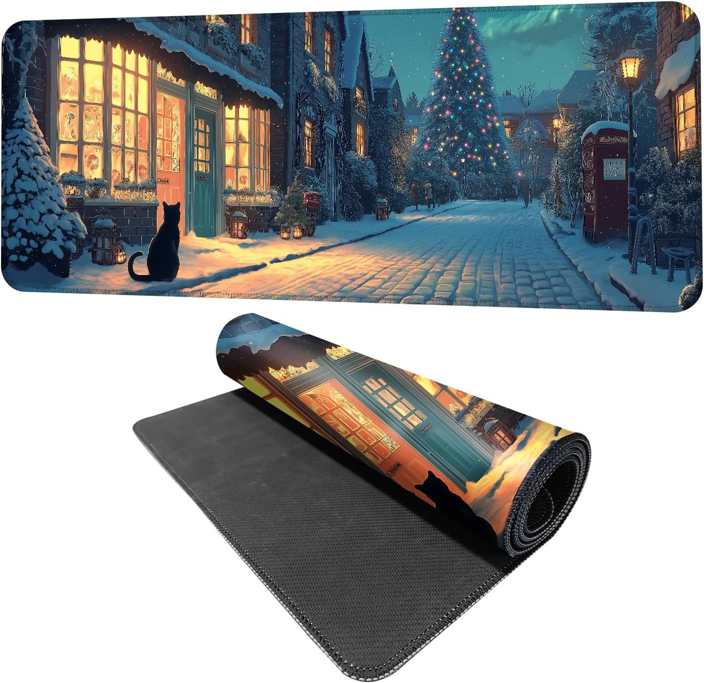 Christmas Winter Village Mouse Pad – 31.5" x 11.8" Large Extended Desk Mat with Black Cat and Christmas Tree Scene – Cozy Holiday Design, Non-Slip Base, Smooth Surface for Home & Office